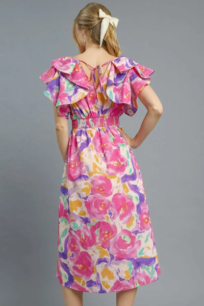 Floral Ruffled Cap Sleeve Midi Dress - Eva's Edition