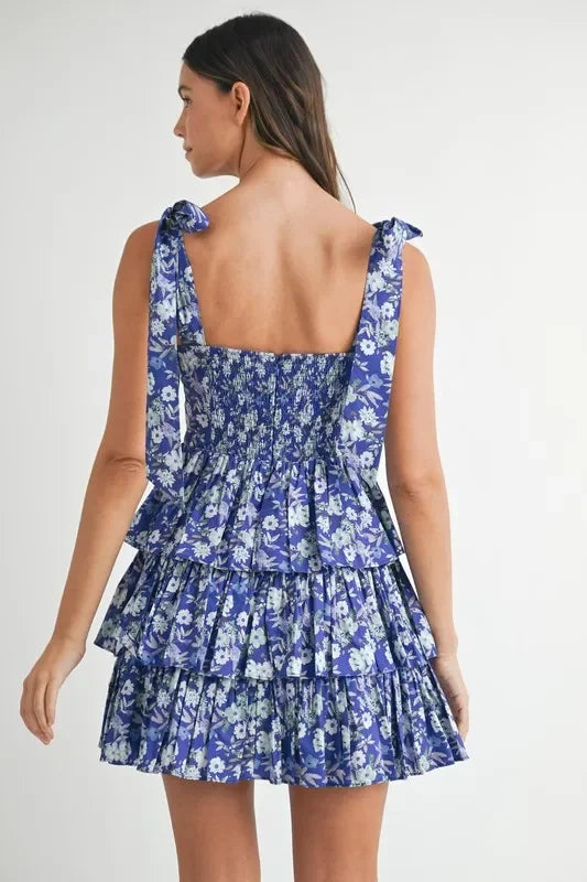Floral Print Shoulder Tie Layered Mini Dress - Eva's Edition