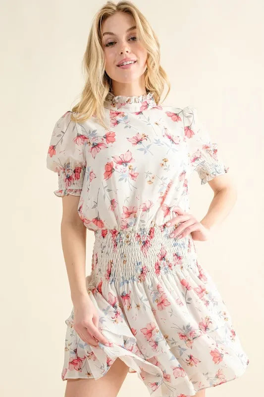 Floral Print Smocked Waist Mini Dress - Eva's Edition