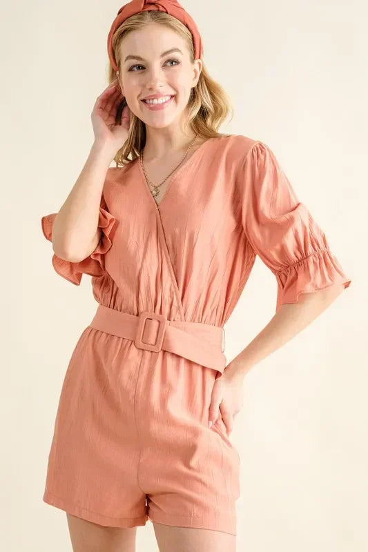 Flounce Sleeves Romper with Belt - Eva's Edition