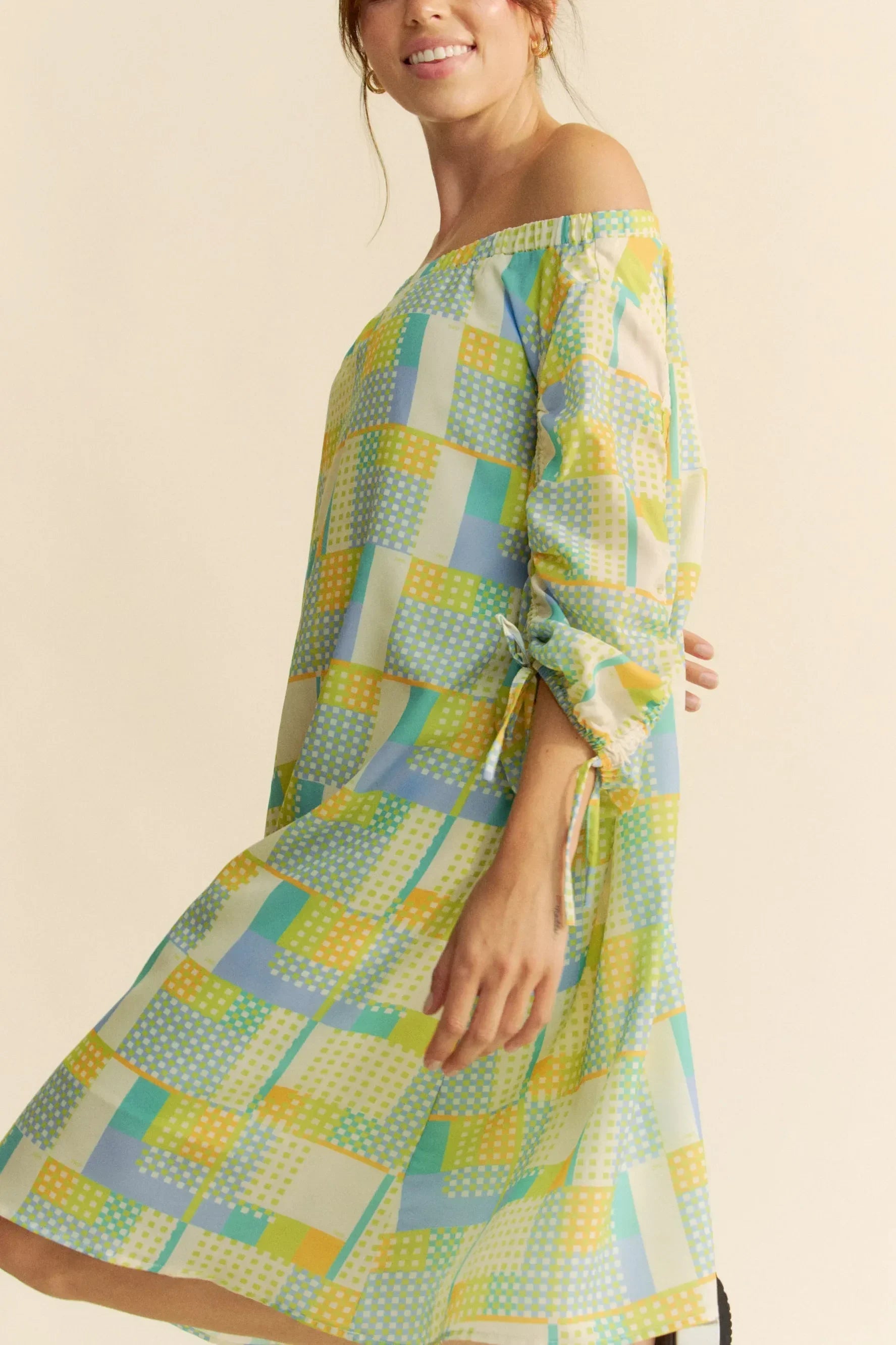 Printed Off Shoulder Drawstring Sleeve Mini Dress - Eva's Edition