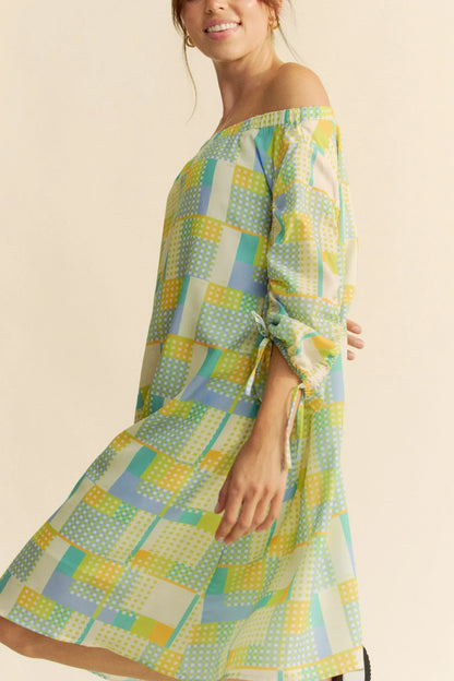 Printed Off Shoulder Drawstring Sleeve Mini Dress - Eva's Edition