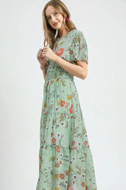 Smocked Waist Floral Short Sleeve Midi Dress - Eva's Edition