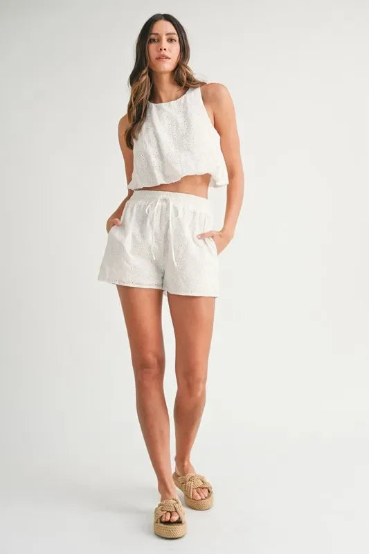 Eyelet Bubble Hem Sleeveless Top and Shorts Set - Eva's Edition
