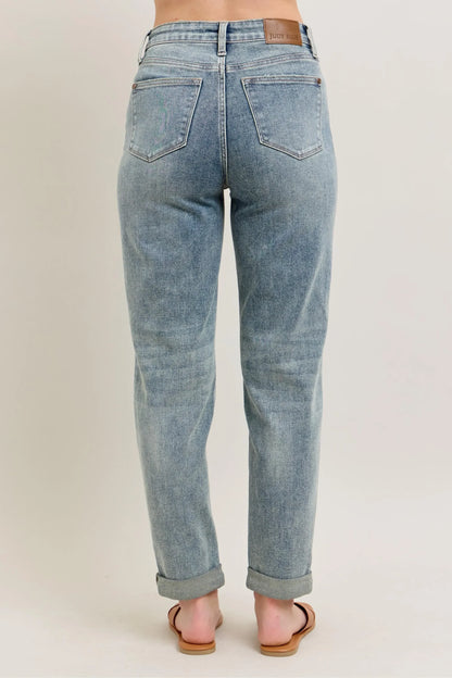 Vintage Wash Double Roll Cuff Bf Jeans Plus Size - Eva's Edition