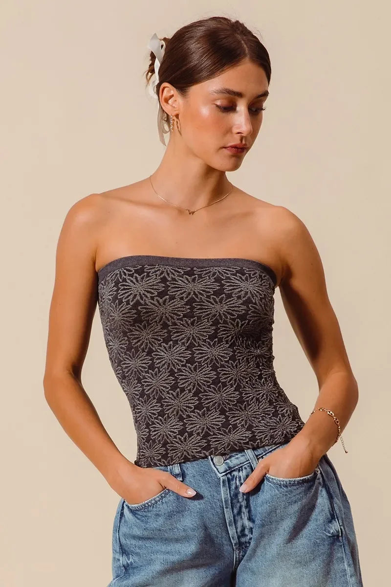 Jacquard Floral Two Tone Seamless Tube Top - Eva's Edition