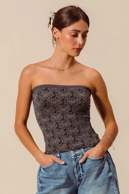 Jacquard Floral Two Tone Seamless Tube Top - Eva's Edition
