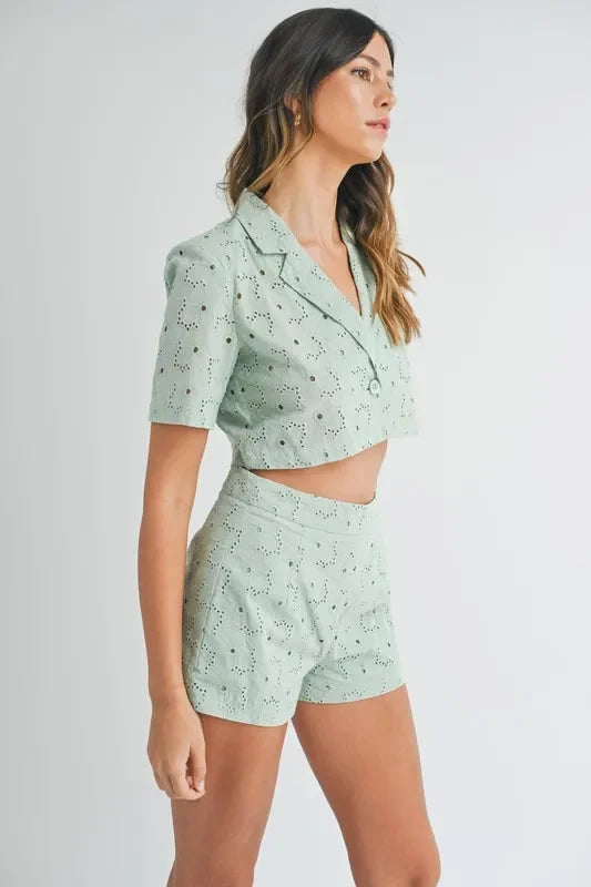 Eyelet Short Sleeve Crop Top and Shorts Set - Eva's Edition