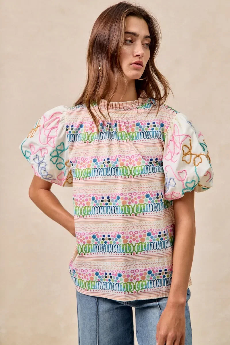 Ruffle Neckline Blouse with Embroidery Bubble Sleeve - Eva's Edition