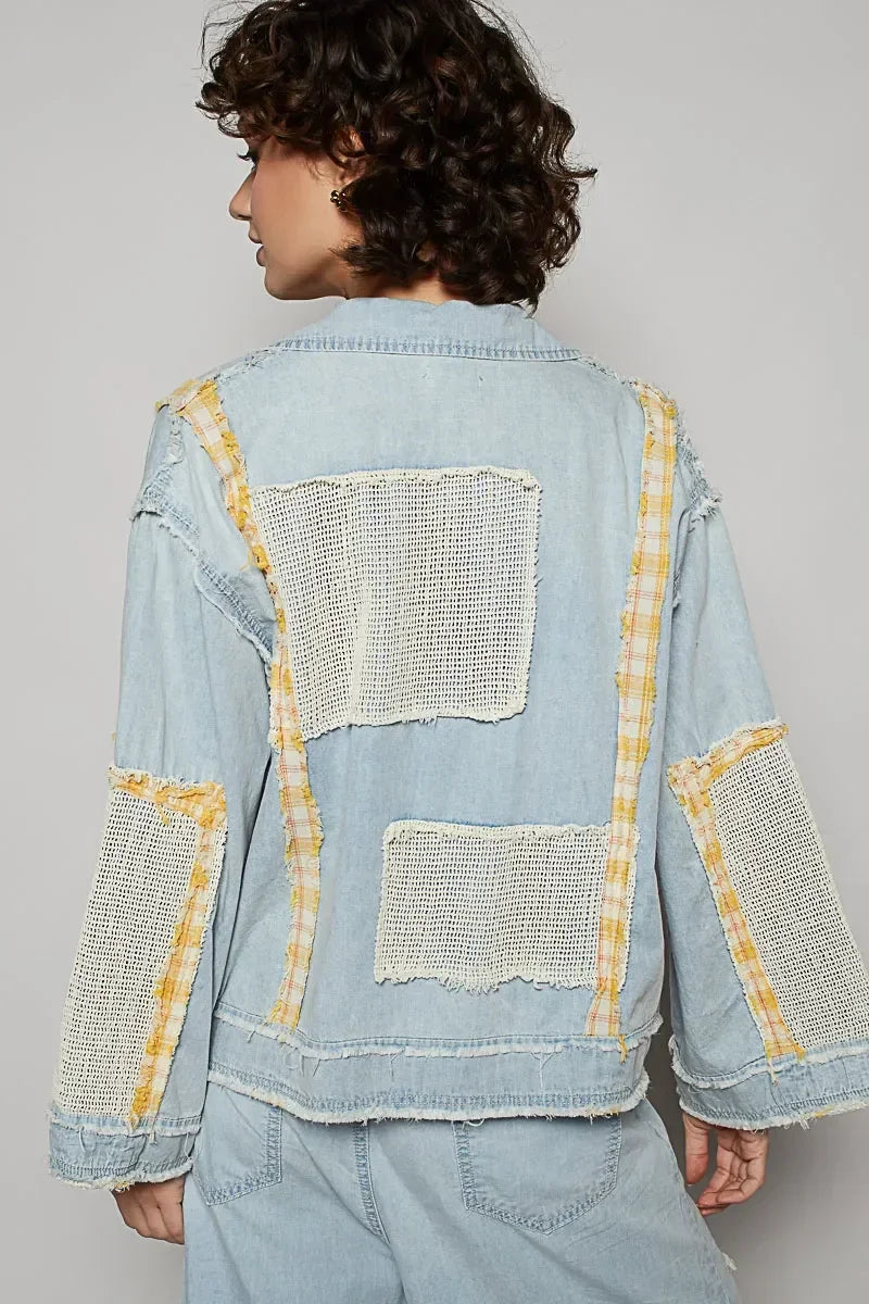 POL Raw Hem Zip Up Denim Jacket with Plaid and Crochet Patch - Eva's Edition