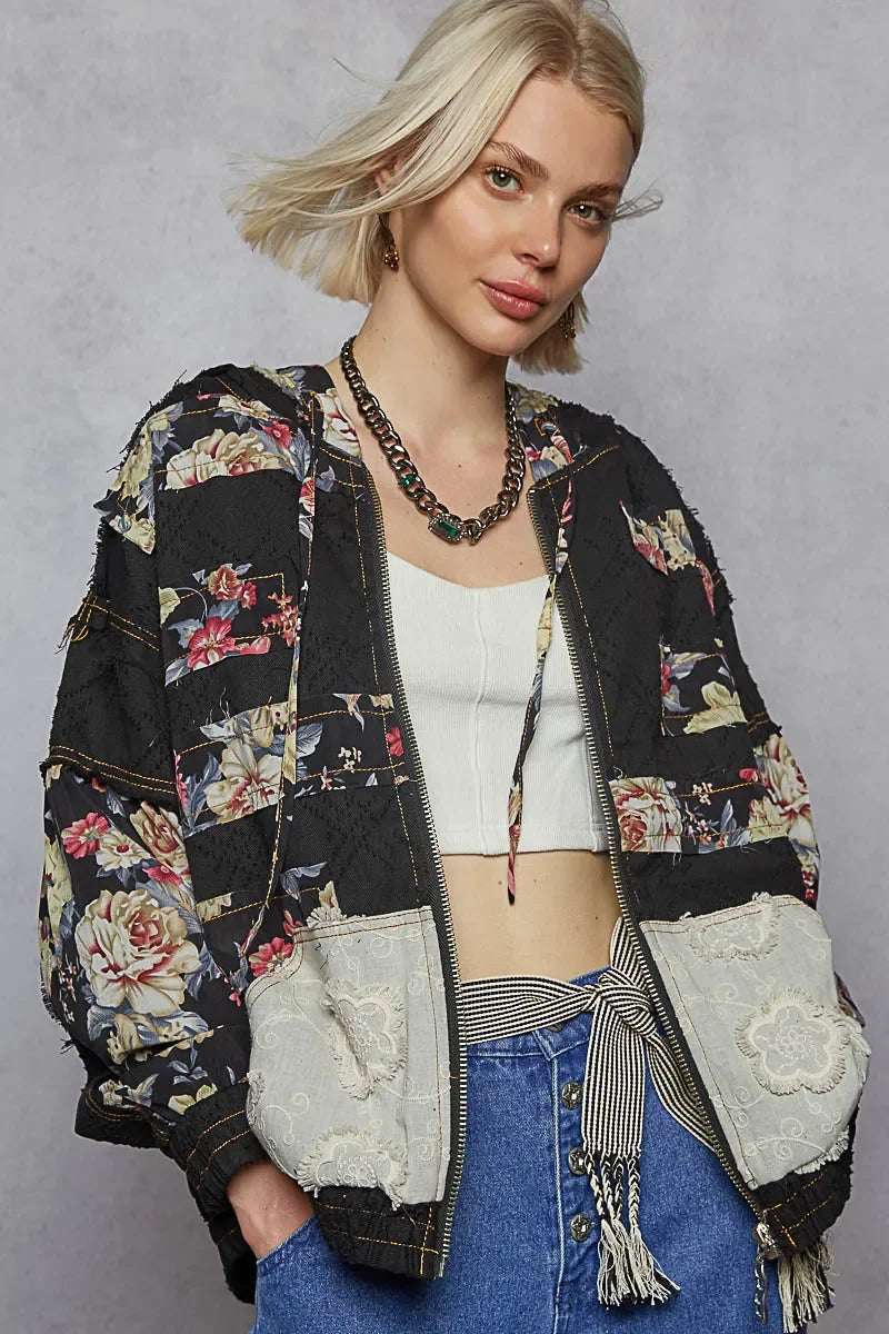 Floral and Lace Patch Washed Jacket - Eva's Edition