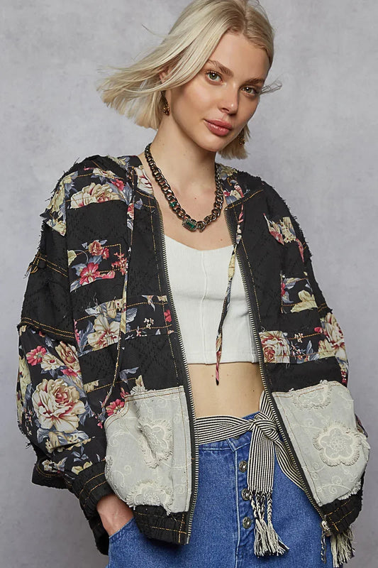 Floral and Lace Patch Washed Jacket - Eva's Edition