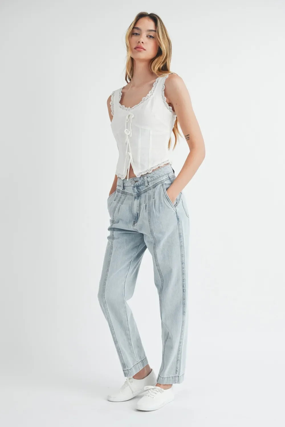 Pleated Front Detail Straight Jeans - Eva's Edition