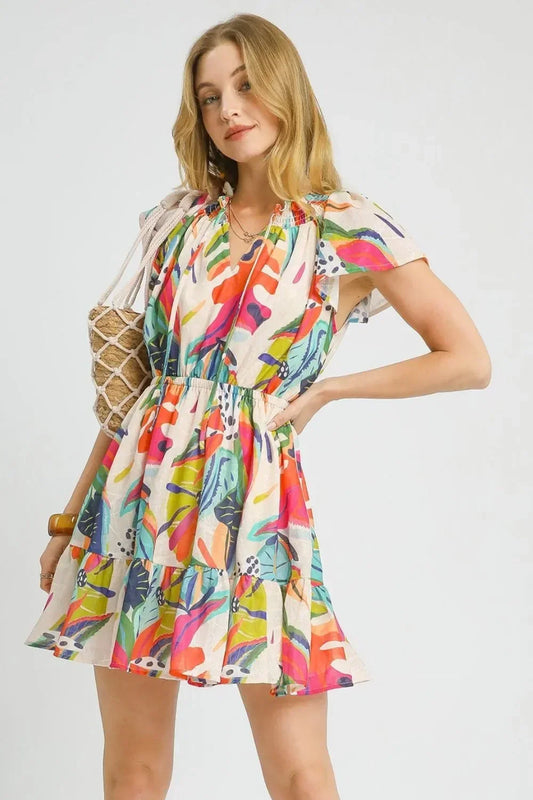 Printed Tie Neck Ruffled Hem Dress - Eva's Edition