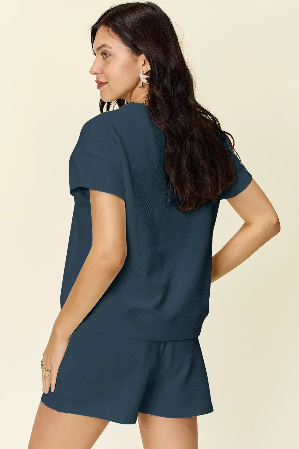 Textured Short Sleeve T-Shirt and Drawstring Shorts Set - Eva's Edition