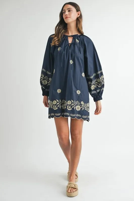 Embroidered Long Sleeve Peasant Mini Dress - Eva's Edition