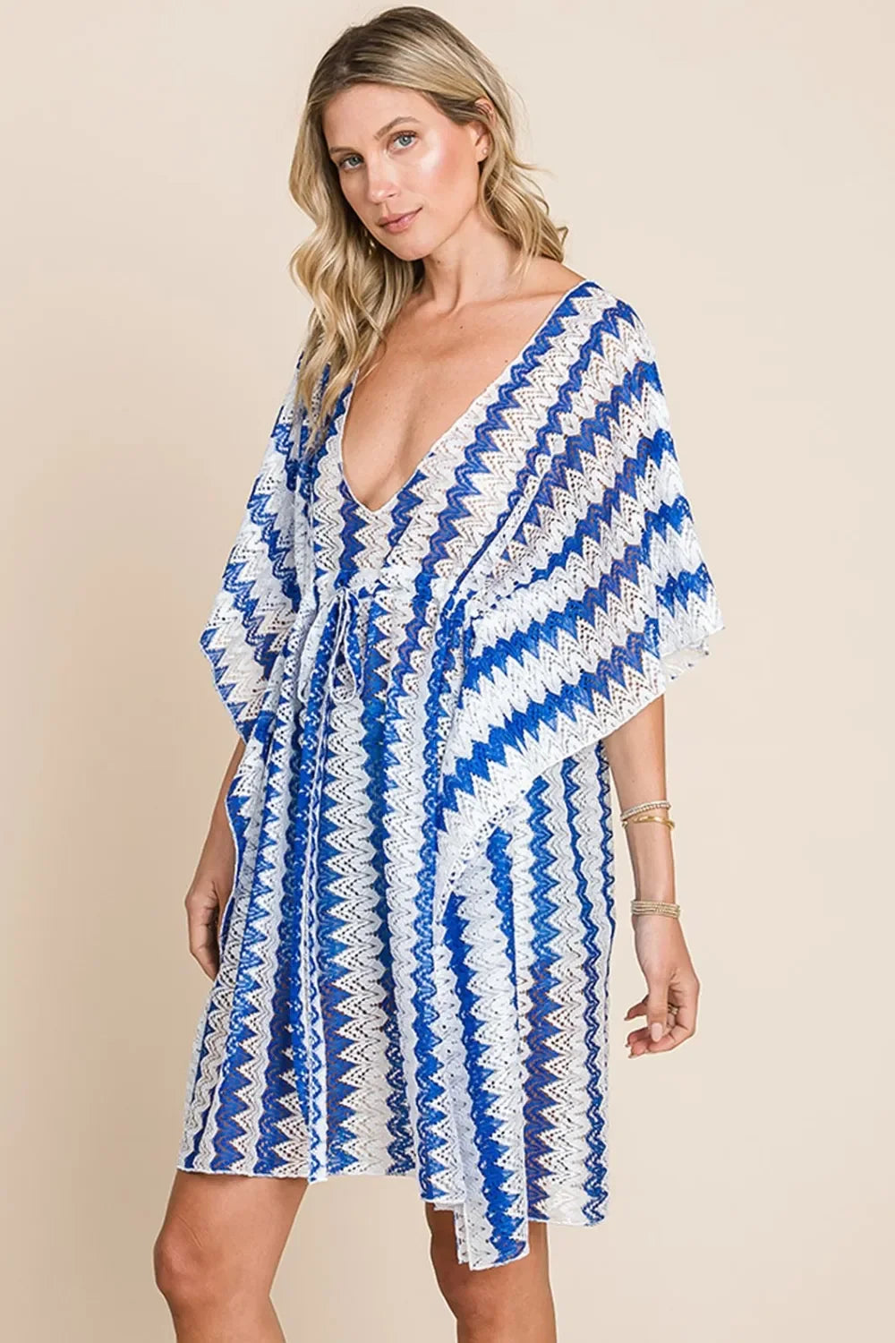 Tied Striped Plunge Half Sleeve Cover-Up - Eva's Edition