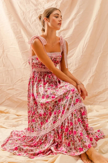 Floral Maxi Dress With Ribbon Tie Lace Strap - Eva's Edition