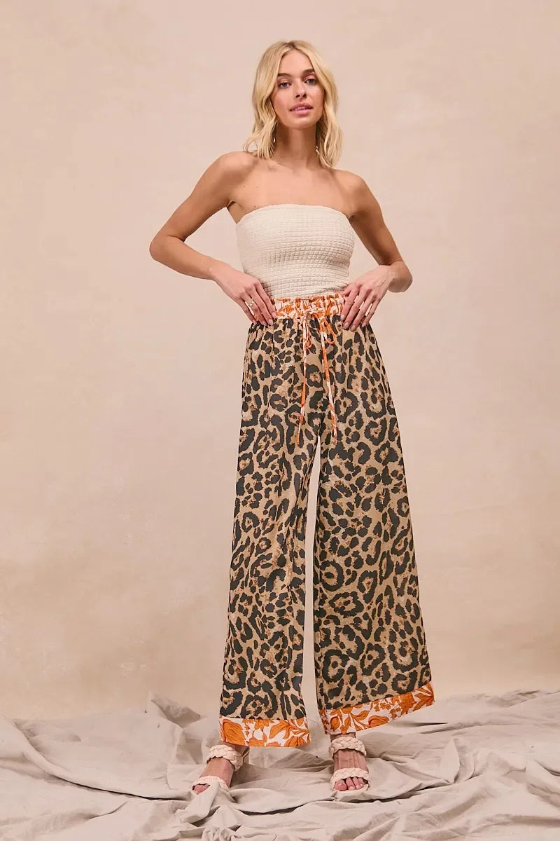 Leopard Print With Contrast Banded Wide Pants - Eva's Edition