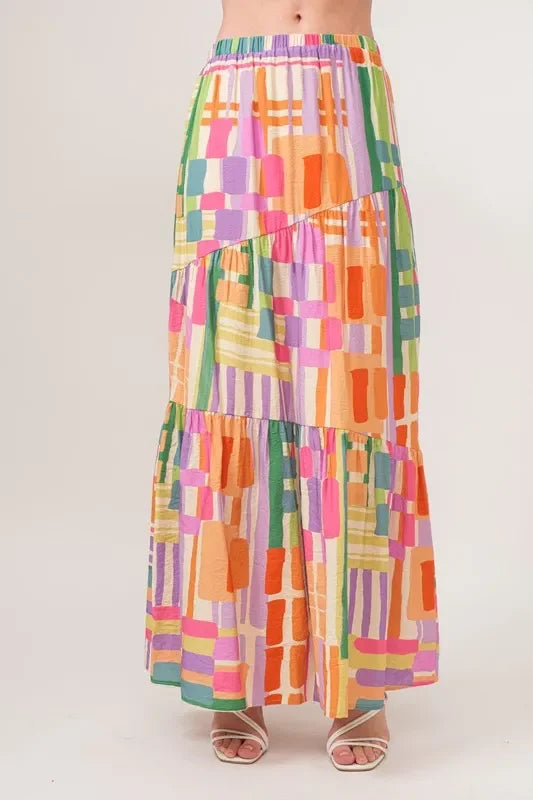Asymmetric Geo Printed Tiered Maxi Skirt - Eva's Edition