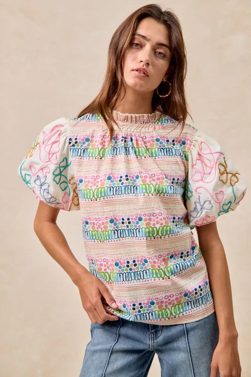 Ruffle Neckline Blouse with Embroidery Bubble Sleeve - Eva's Edition