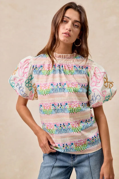 Ruffle Neckline Blouse with Embroidery Bubble Sleeve - Eva's Edition