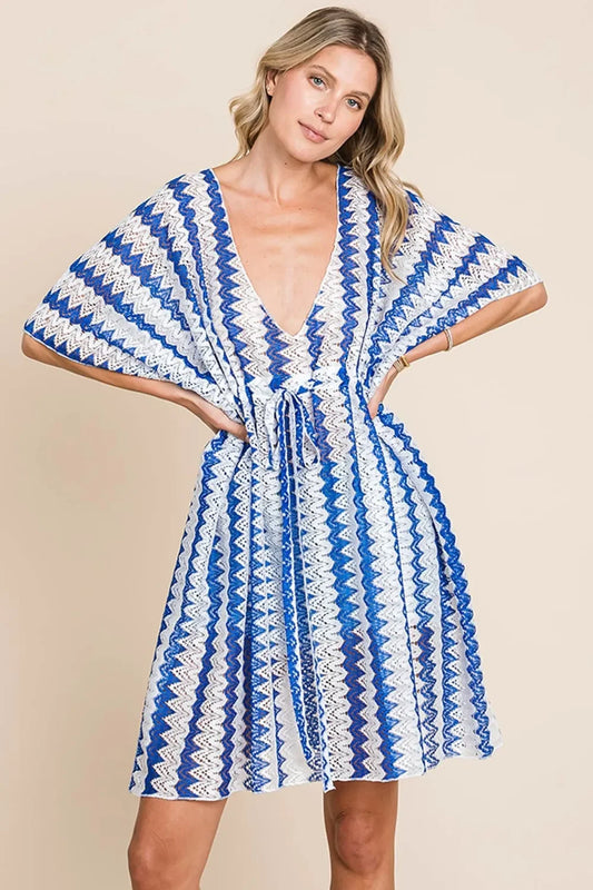 Tied Striped Plunge Half Sleeve Cover-Up - Eva's Edition