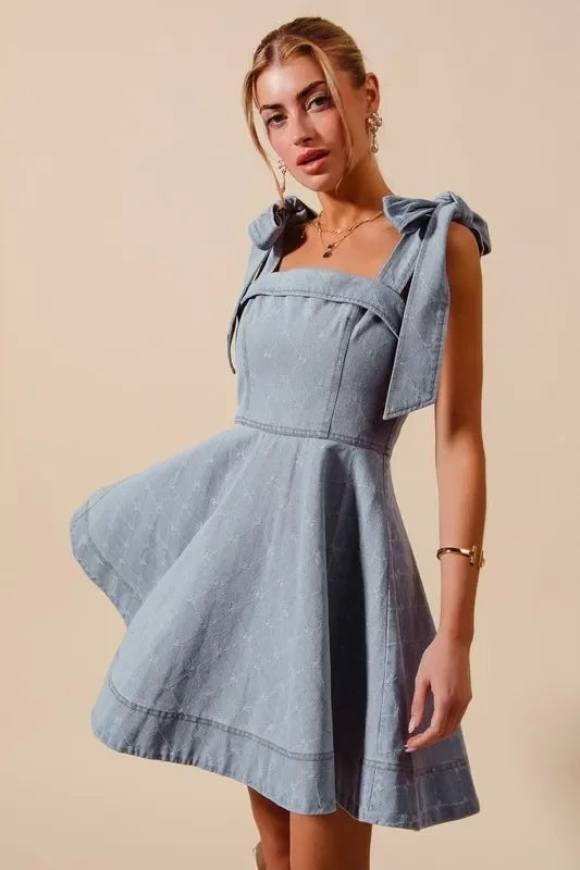 Diamond Bow Ribbon Denim Dres - Eva's Edition