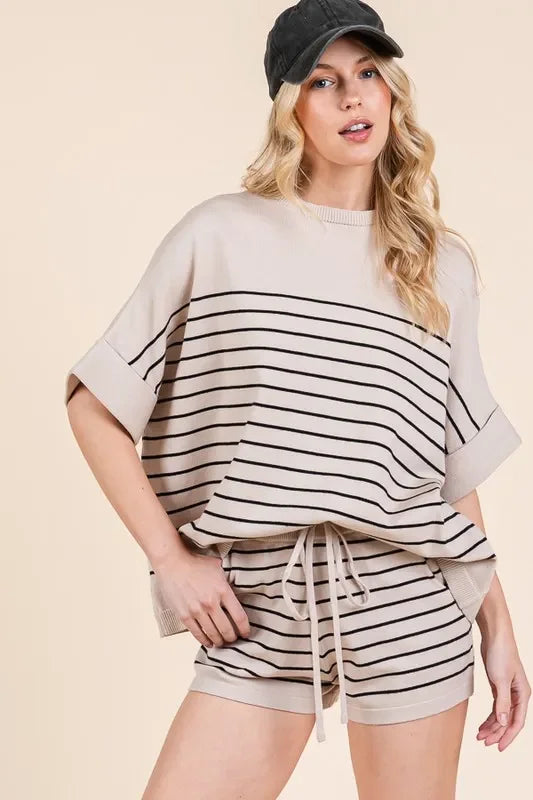 Striped Folded Half Sleeve Top and Shorts Set - Eva's Edition