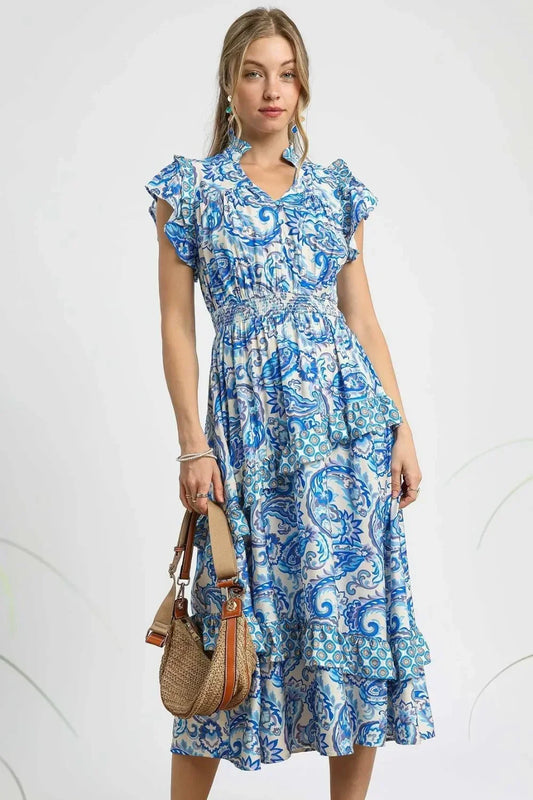 Print Ruffle Sleeve Midi Dress - Eva's Edition