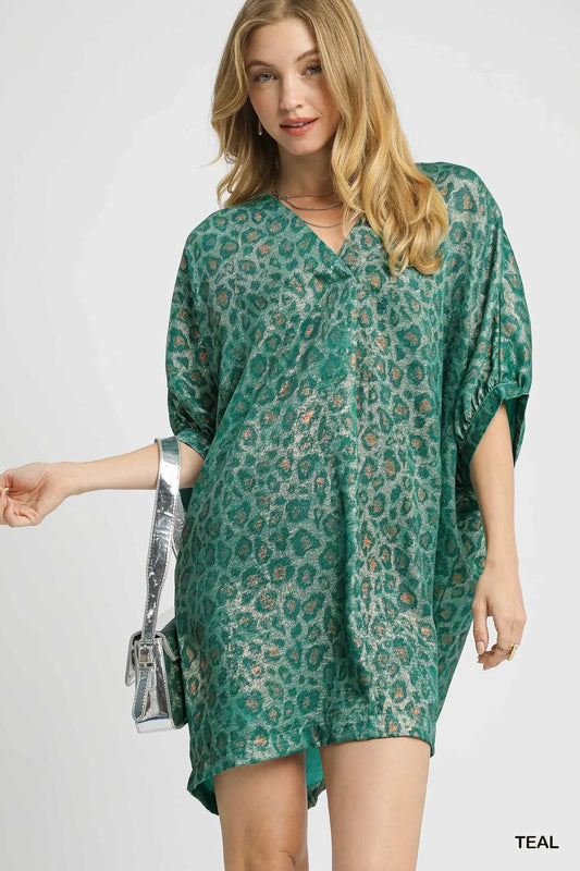 Metallic Leopard Print V-Neck Kimono Dress - Eva's Edition