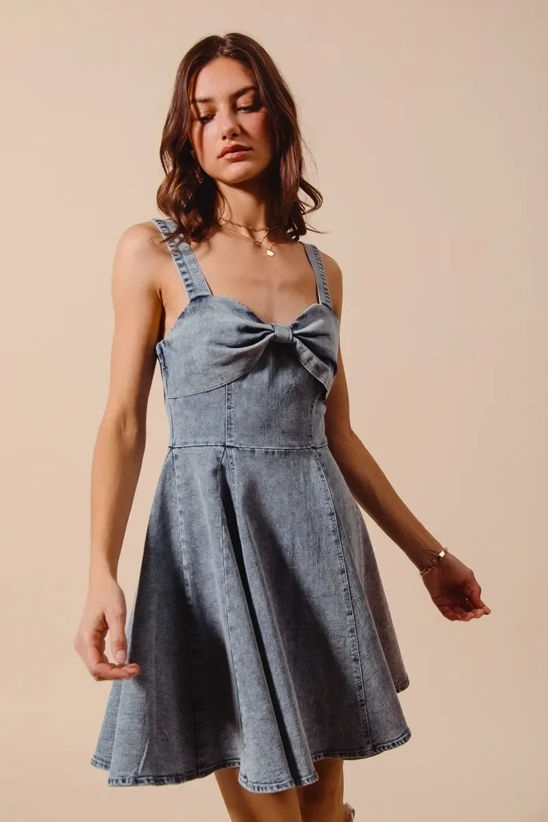 Mineral Washed Bow Ribbon Denim Flare Dress - Eva's Edition