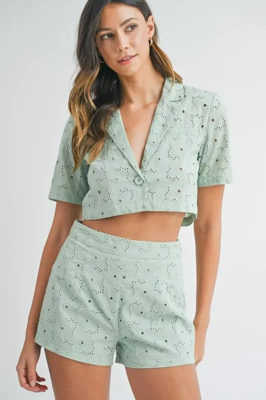 Eyelet Short Sleeve Crop Top and Shorts Set - Eva's Edition
