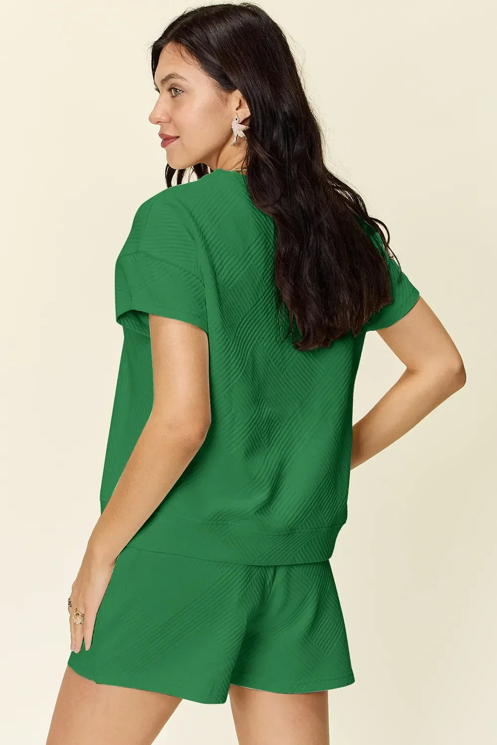 Textured Short Sleeve T-Shirt and Drawstring Shorts Set - Eva's Edition