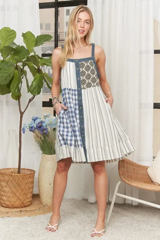 Patchwork Button Front Mini Dress - Eva's Edition