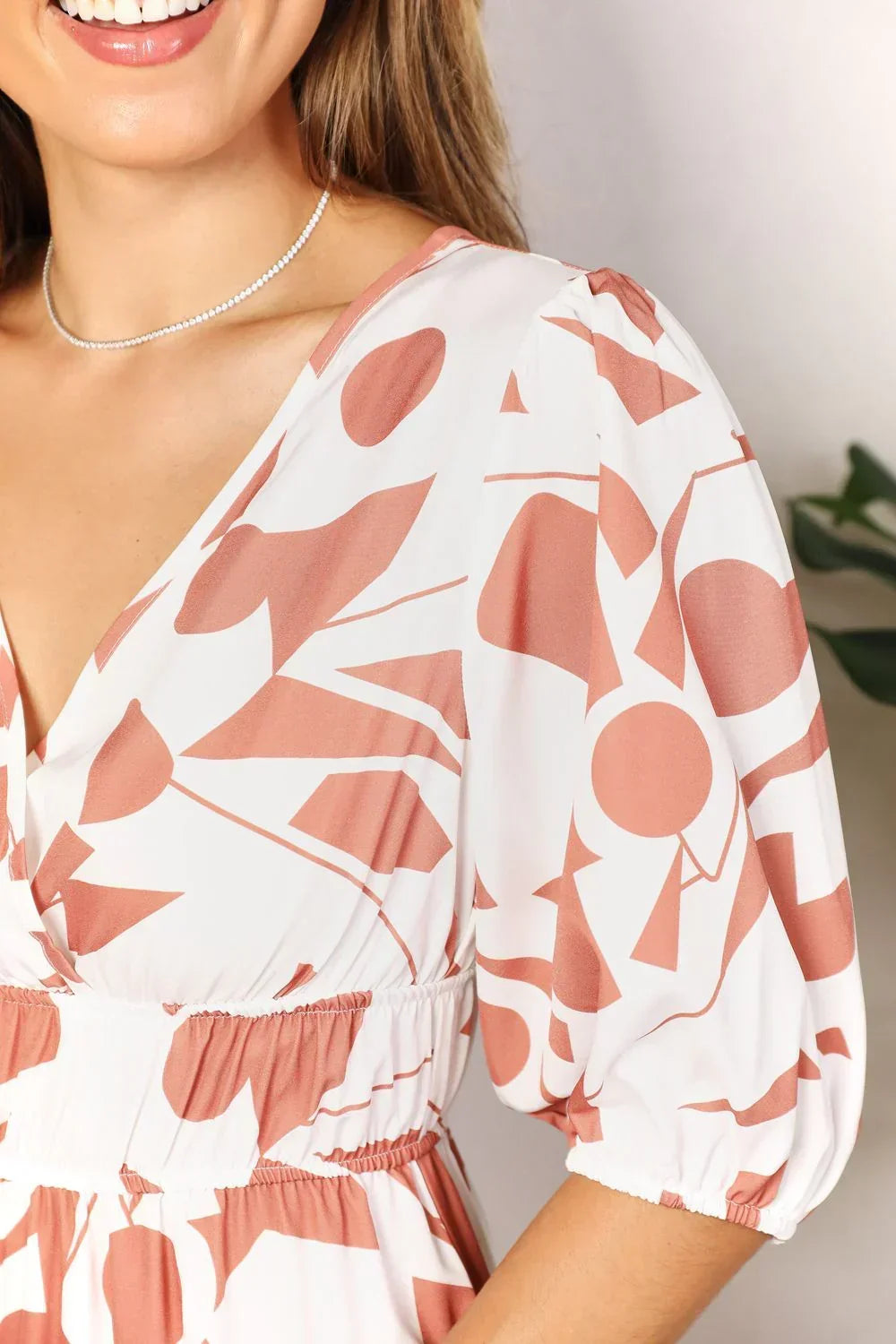 Printed Surplice Balloon Sleeve Dress - Eva's Edition