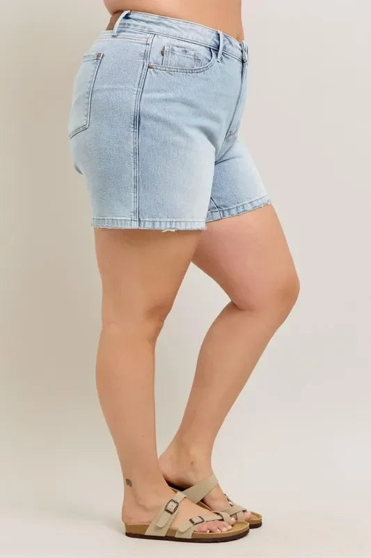 Frayed Hem High Rise Denim Shorts with Pockets - Eva's Edition