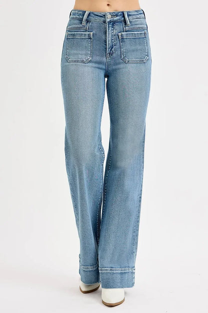 High Rise Wide Flare Patch Pocket Jeans Plus Size - Eva's Edition