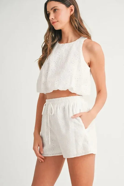 Eyelet Bubble Hem Sleeveless Top and Shorts Set - Eva's Edition