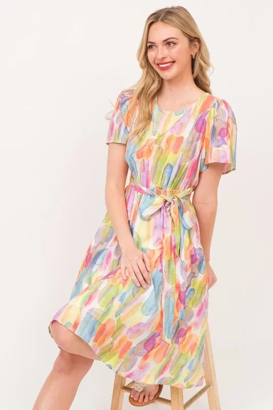 Watercolor Print Tie Front Midi Dress - Eva's Edition