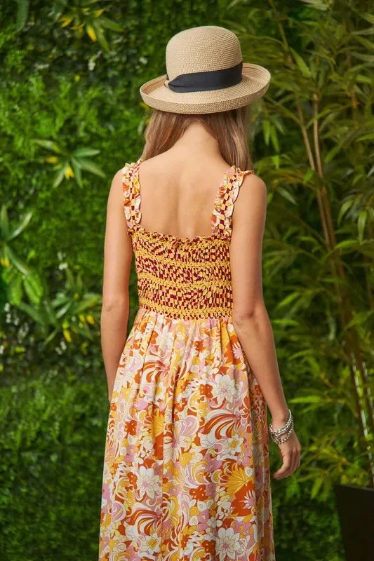Multi Smocked Bodice Geo Ruffle Strappy Midi Dress - Eva's Edition