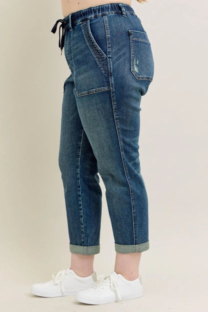 Vintage Wash Jeans w/ Drawstring Plus Size - Eva's Edition