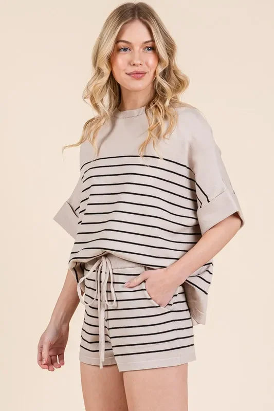 Striped Folded Half Sleeve Top and Shorts Set - Eva's Edition