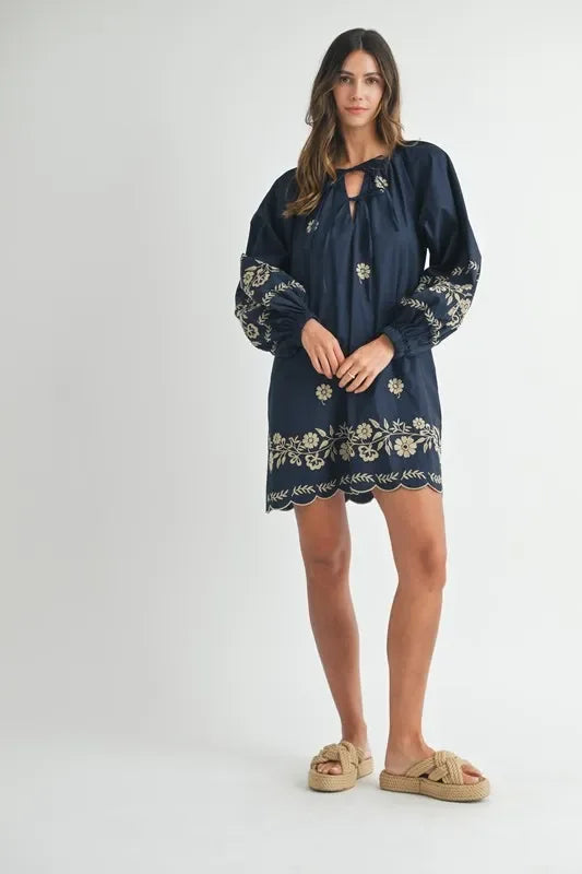 Embroidered Long Sleeve Peasant Mini Dress - Eva's Edition