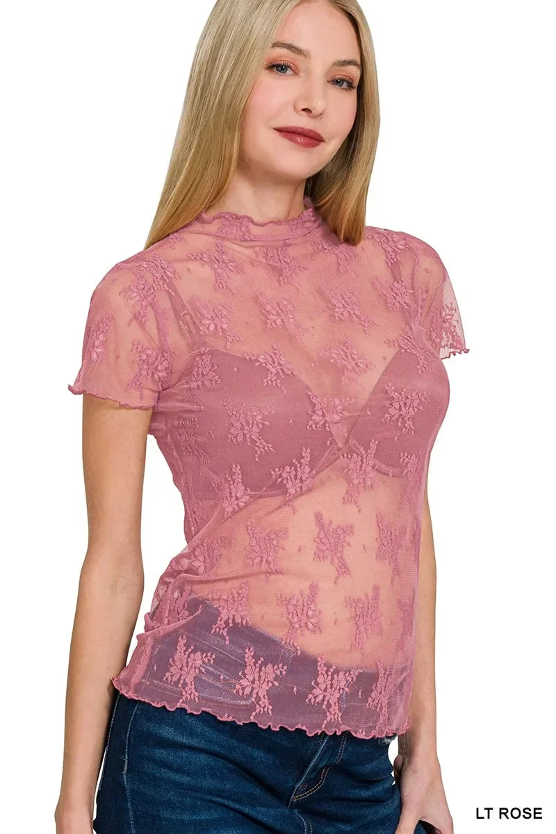 Lace See-through Layering Short Sleeve Top - Eva's Edition