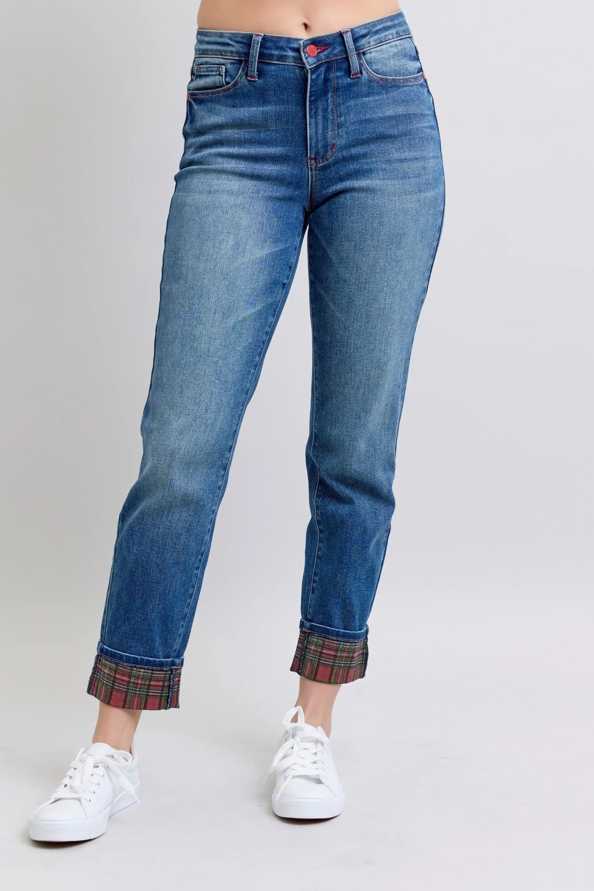 Plaid Print Cuff Bf Jeans Plus Size - Eva's Edition