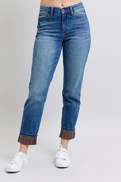 Plaid Print Cuff Bf Jeans Plus Size - Eva's Edition