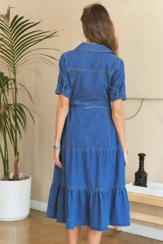 Tiered Button Down Tie Waist Short Sleeve Denim Dress - Eva's Edition