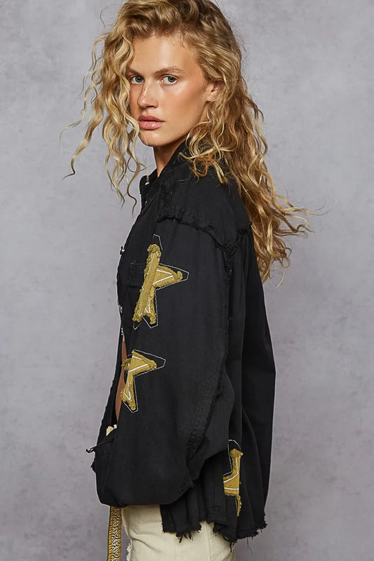 Star Patch Raw Hem Button Up Denim Jacket - Eva's Edition