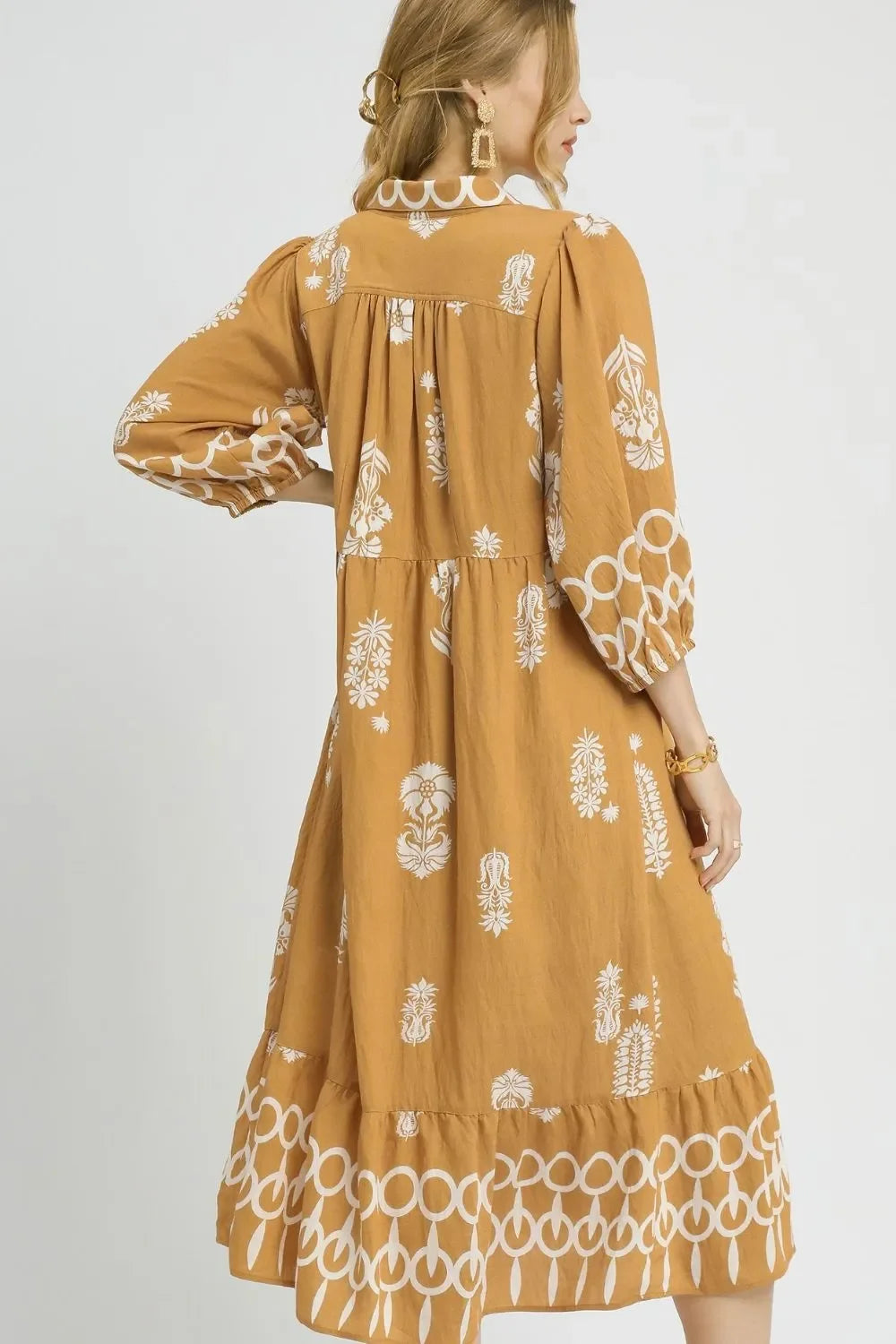 Ruffled Hem Printed Johnny Collar Midi Dress - Eva's Edition